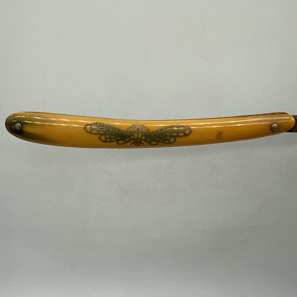 E&M Aboussleman Germany Straight Razor 425 1/2 Butterfly Yellow/Green Handle